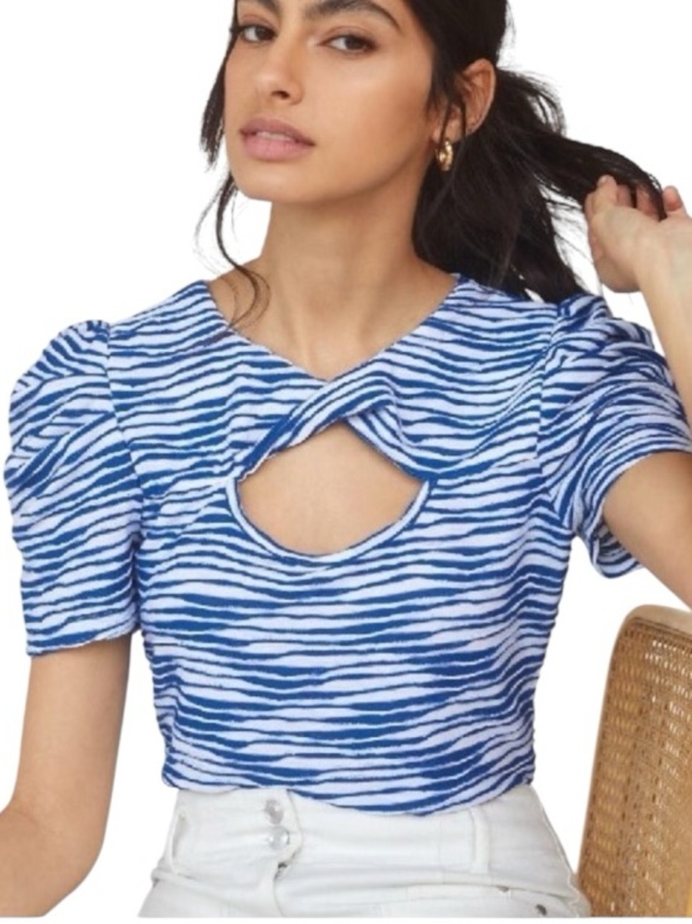 Anthropologie Maeve Blue White Zebra Striped Cutout Puff Sleeve Crop Top - S